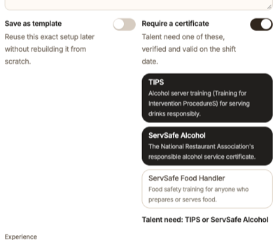 Post shift form, Advanced options, with Require a certificate switched on and TIPS and ServSafe Alcohol selected