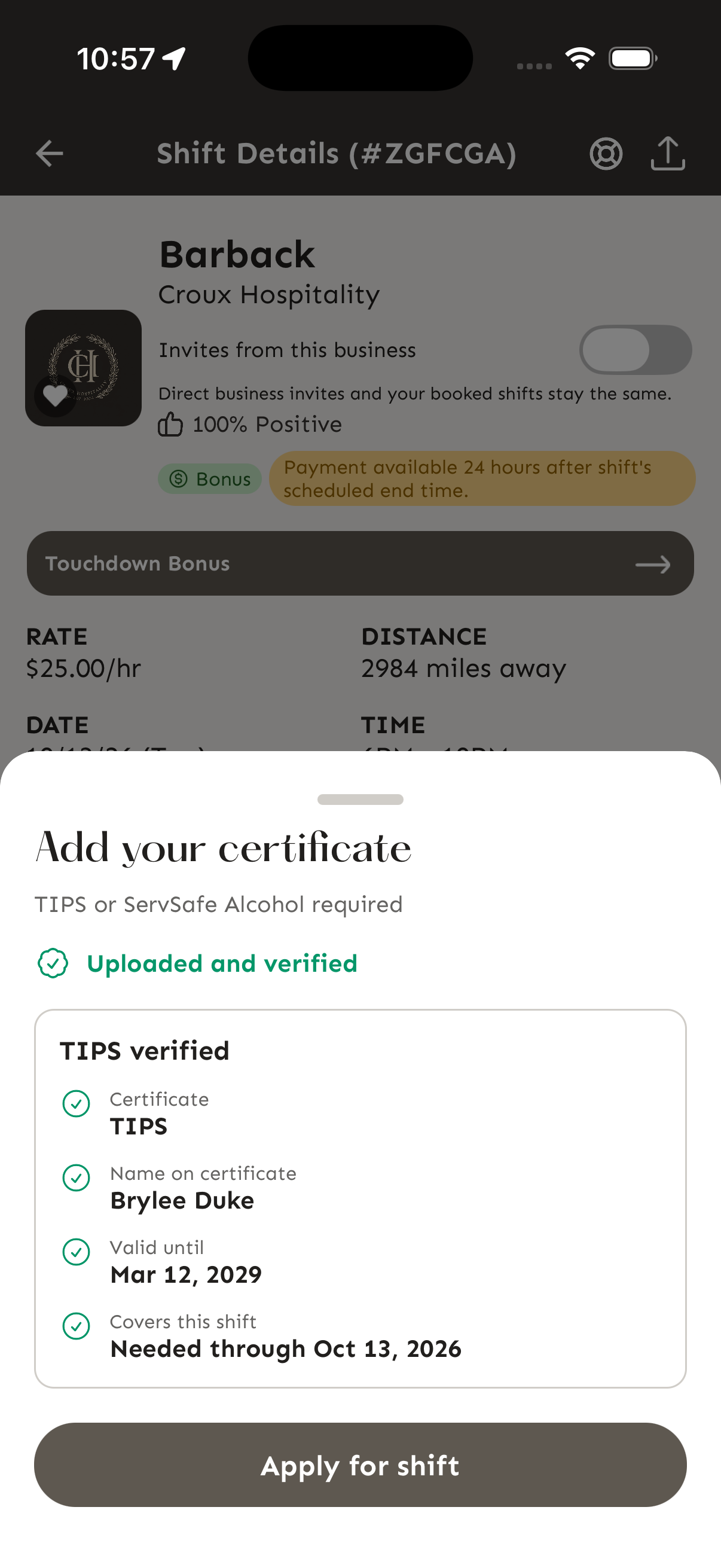 The uploaded certificate is verified and valid for the shift date.