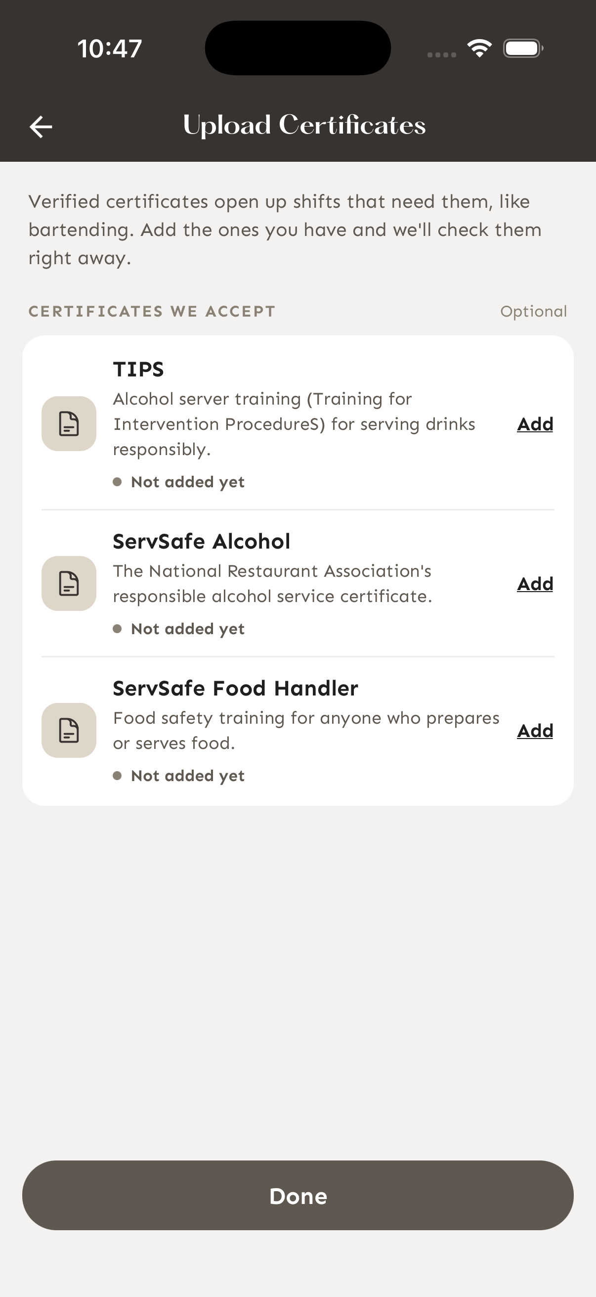 Certificates we accept: TIPS, ServSafe Alcohol and ServSafe Food Handler.