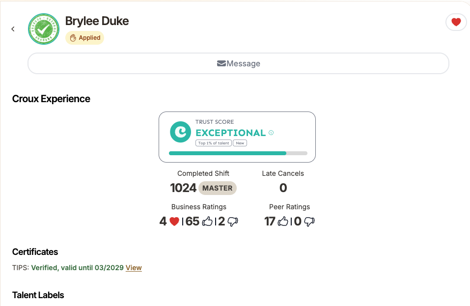 Open the talent profile to see the verified certificate and its expiration date.