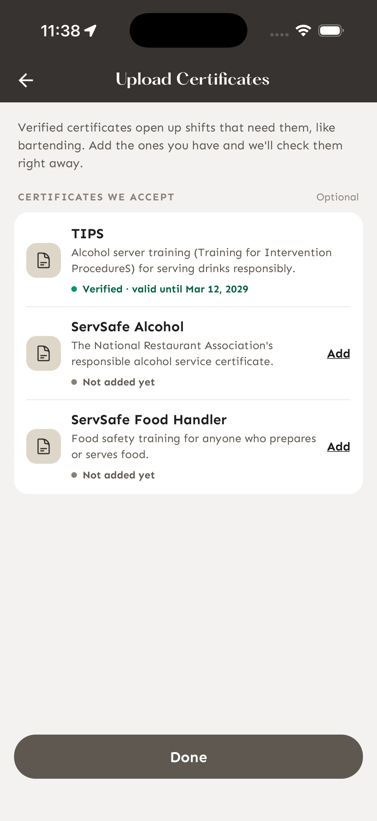 A verified TIPS certificate shows its expiration date in your certificate list.