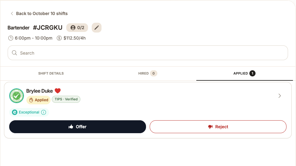 On a certificate-required shift, the applicant list shows the certificate and its verification status.