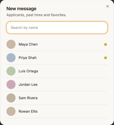 New message window listing applicants, past hires and favorites, with a Search by name field and stars next to favorites