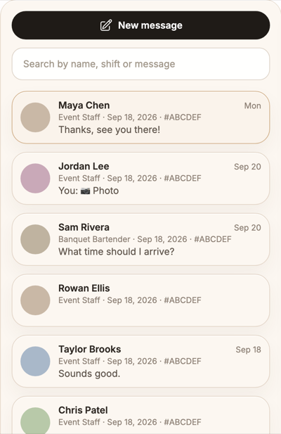 Chat inbox with a list of conversations, a New message button and a Search by name, shift or message field