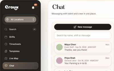 Croux web app with Chat selected in the left menu, the Chat page title and the New message button