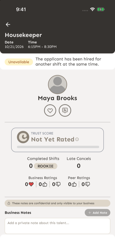 Applicant profile in the Croux mobile app with an Unavailable banner reading The applicant has been hired for another shift at the same time