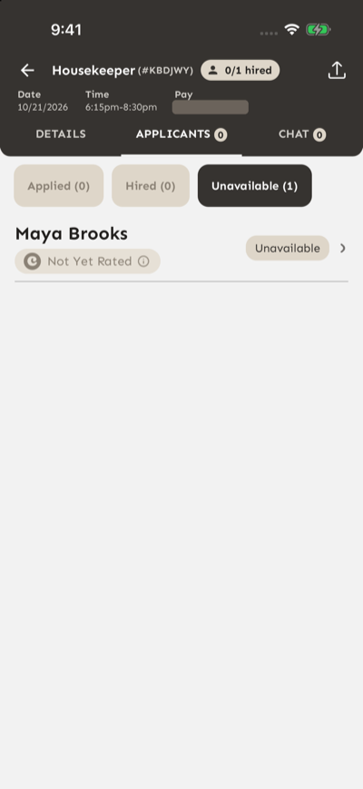Applicants screen for a shift in the Croux mobile app with the Unavailable tab selected, listing one person marked Unavailable