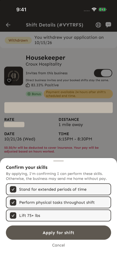 Confirm your skills sheet listing the skills the shift requires, with an Apply for shift button and a Cancel link
