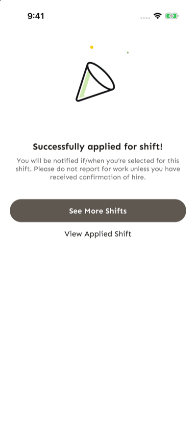 Pantalla de confirmación Successfully applied for shift en la app de Croux, con los botones See More Shifts y View Applied Shift