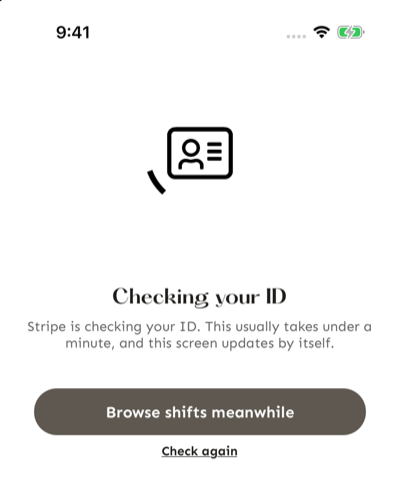 The Checking your ID screen in the Croux app, with a Browse shifts meanwhile button and a Check again link