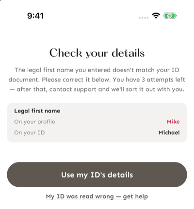 Pantalla de corrección Check your details, que compara el nombre legal del perfil con el de la identificación, muestra los intentos restantes y el botón Use my ID's details