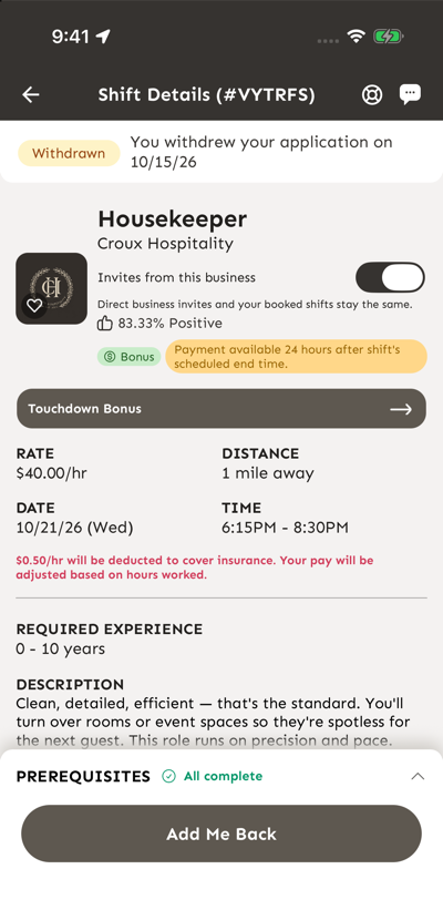 Shift Details for a withdrawn shift in the Croux app, with the Withdrawn banner at the top and the Add Me Back button at the bottom