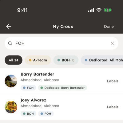 My Croux list filtered by the FOH label, with label chips across the top and a Labels button next to each person in Edit mode