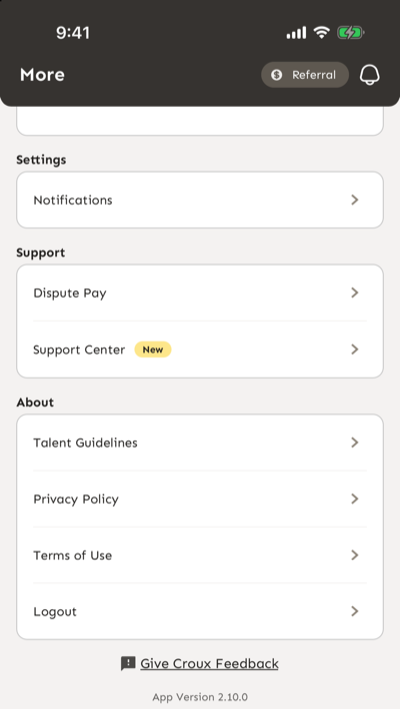 Croux app More tab showing the Support section with Dispute Pay and Support Center