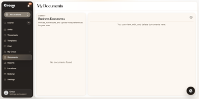 Croux web app My Documents page with the Business Documents library on the left and the plus button at the top right of the documents panel