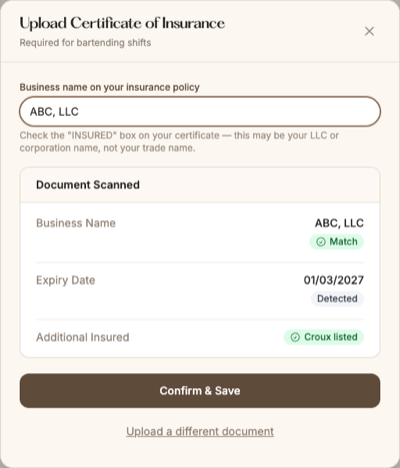 Upload Certificate of Insurance dialog after a scan, showing the business name with a Match badge, the expiry date marked Detected, Croux listed as additional insured, and the Confirm & Save button