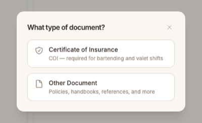 What type of document? dialog offering Certificate of Insurance, required for bartending and valet shifts, and Other Document for policies, handbooks and references