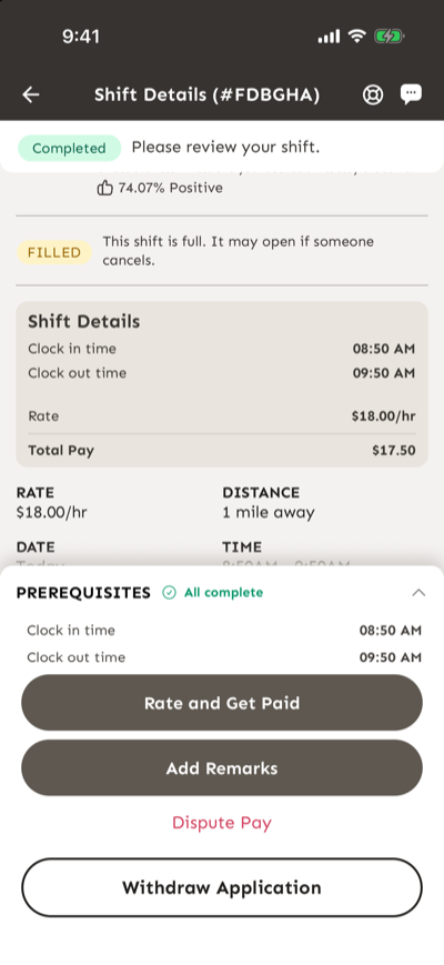Detalles de un turno completado con las horas de entrada y salida, Total Pay y el enlace Dispute Pay debajo de Rate and Get Paid