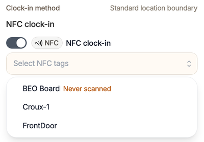 New shift form Clock-in method section with the NFC clock-in switch on and the Select NFC tags list open, showing three venue tags