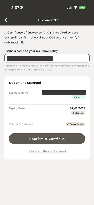 Mobile COI scan results with the Confirm & Continue button.