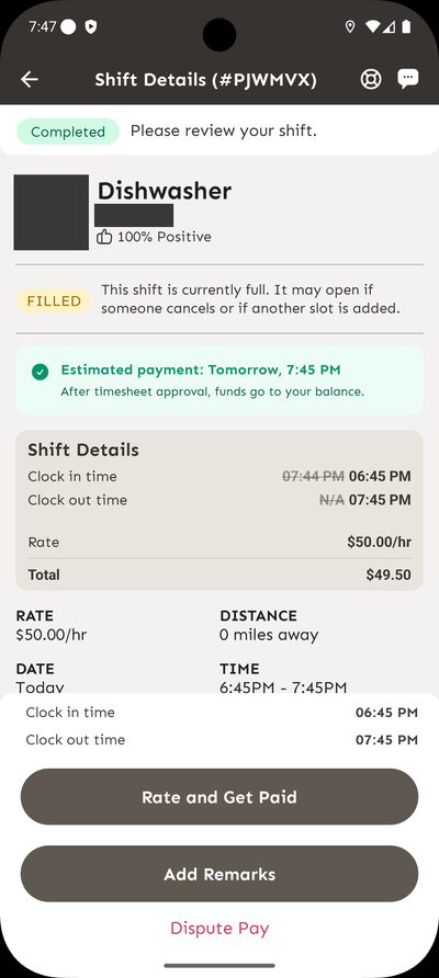 Busca Estimated payment (Pago estimado) en tu turno completado. La fecha y hora que aparecen corresponden a ese turno.