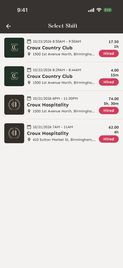 Select Shift screen listing your recent shifts with the date, business, address and pay for each