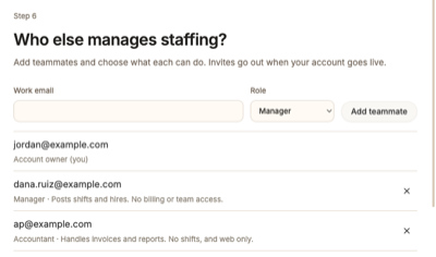 Team step listing invited teammates with their role, such as Manager or Accountant, and what each can do