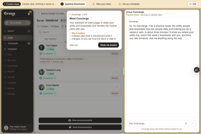 Practice mode in the Croux app with sample shifts on the left and Concierge on the right, under a banner that says nothing is saved