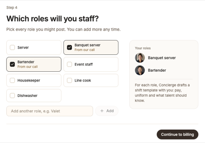 Roles step with Banquet server and Bartender already checked and marked From our call