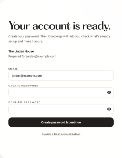 Croux setup page that says Your account is ready, with the business name filled in and fields to create a password