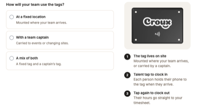 Clock-in tags step with options for a fixed location, a team captain, or both, and how talent tap to clock in and out