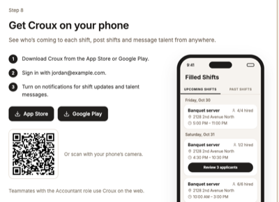 Mobile app step with App Store and Google Play buttons and a QR code to download the Croux app